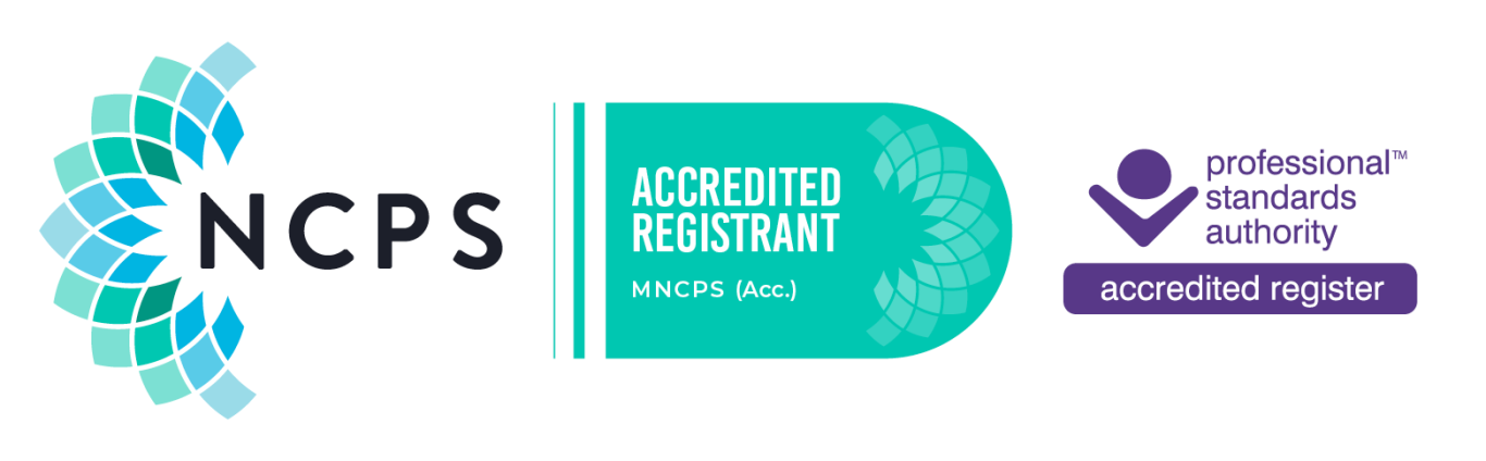 Logos of NCPS and the Professional Standards Authority, with accreditation details.